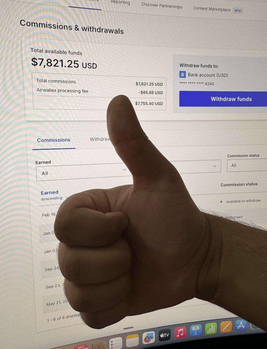 Affiliate commission earnings screenshot