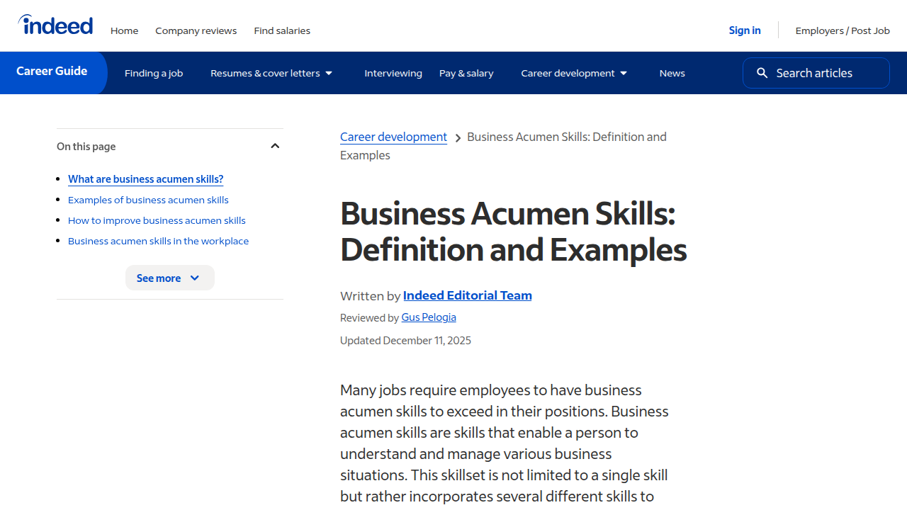 A screenshot of Indeed's career advice highlighting the importance of business acumen skills for various business situations.