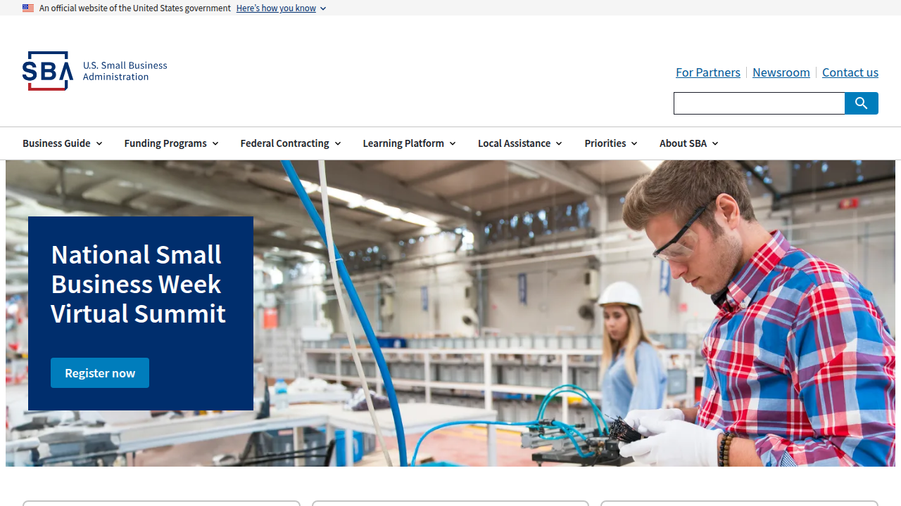 A screenshot of the Small Business Administration (SBA) website, a valuable resource for entrepreneurs planning for business growth and strategic development.
