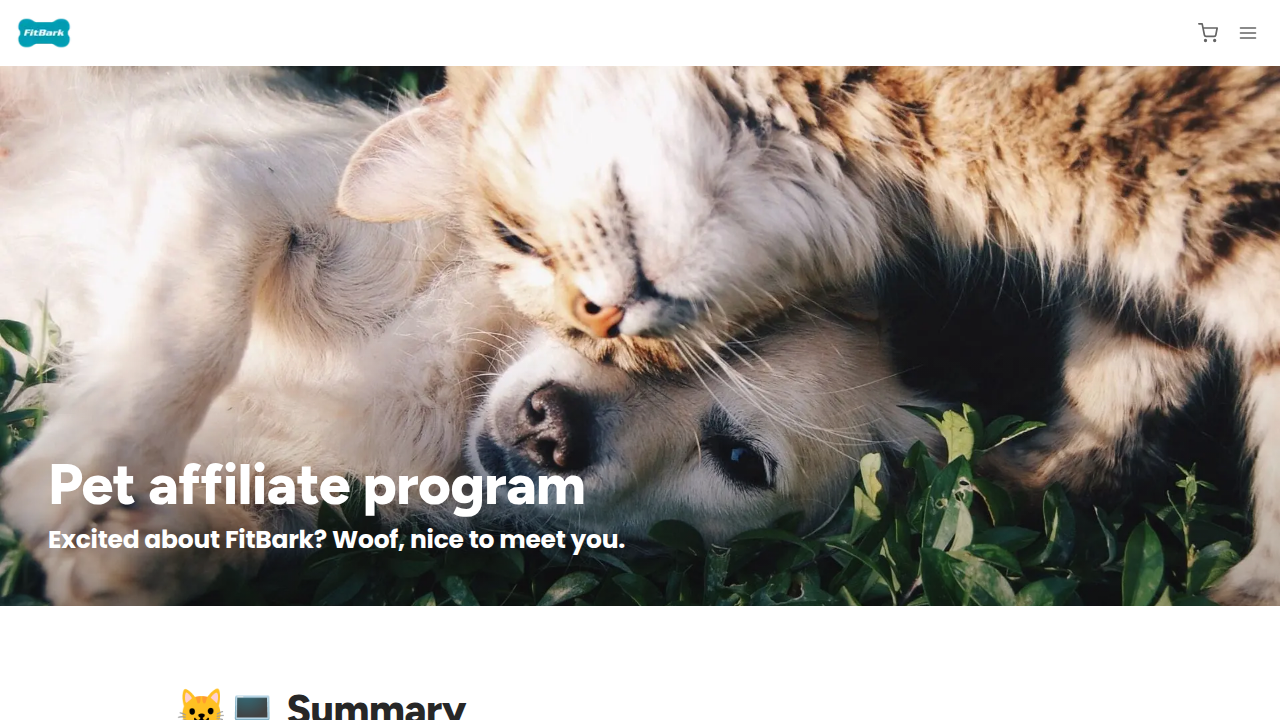 A screenshot of the Fitbark affiliate program page, presented as an example of a quality program with good commission potential in an evergreen niche.