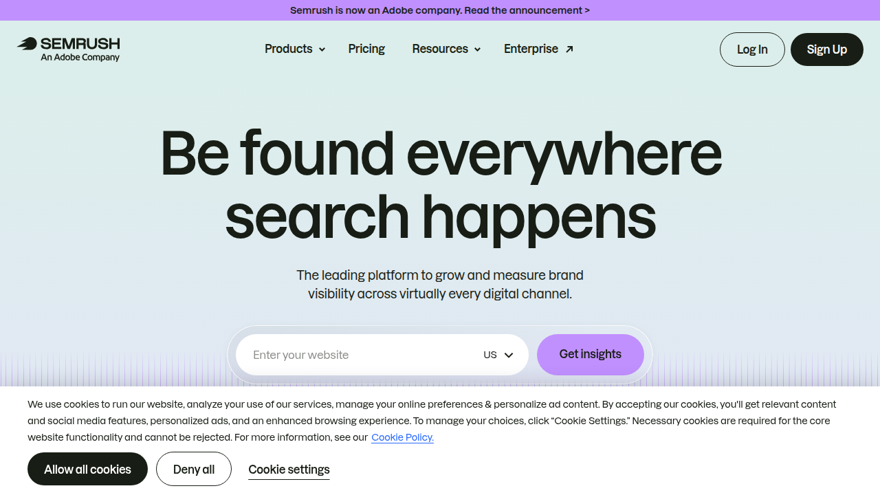 A screenshot of the Semrush homepage, a platform used for analyzing website traffic and SEO performance.