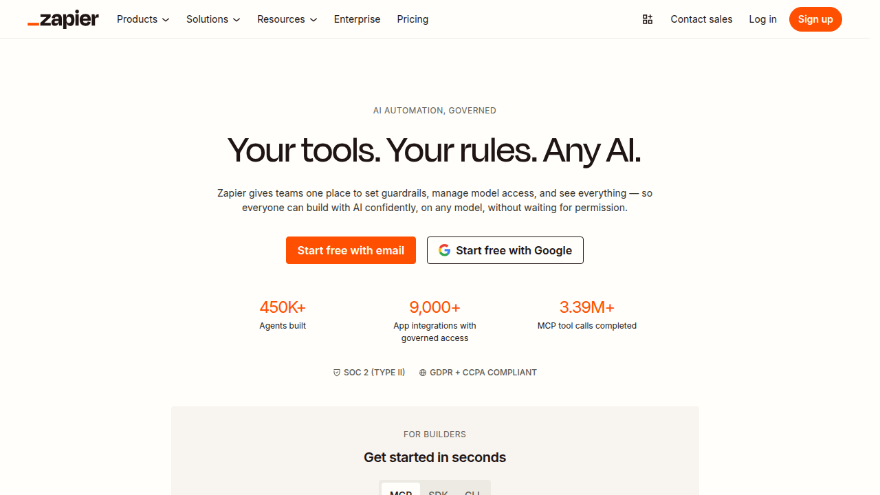 A screenshot of the Zapier homepage, highlighting its role as a key automation tool for affiliate marketing workflows.
