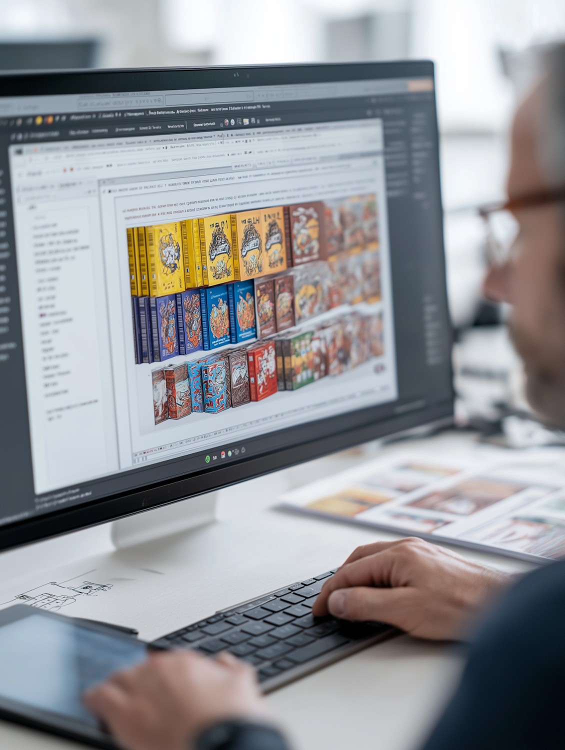A designer meticulously crafting a visually appealing Pinterest pin, emphasizing the importance of visual quality and clear branding for high conversion rates.