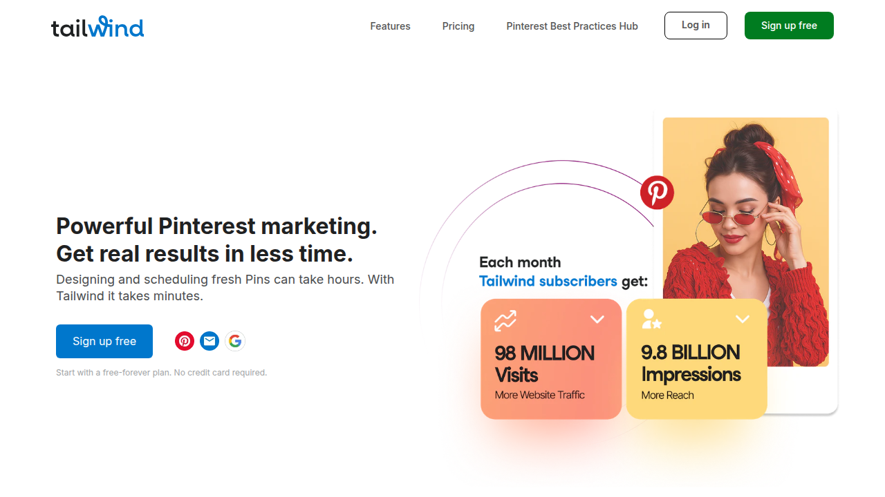 The homepage of Tailwind, a popular tool for Pinterest scheduling, showcasing its interface for batch creating and queueing pins.