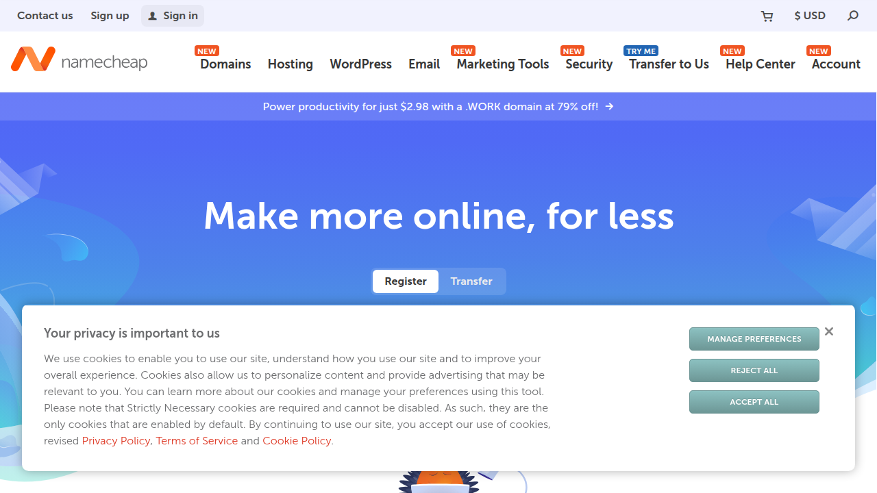 Screenshot of the Namecheap homepage, showcasing its offerings as a popular domain registrar alternative.