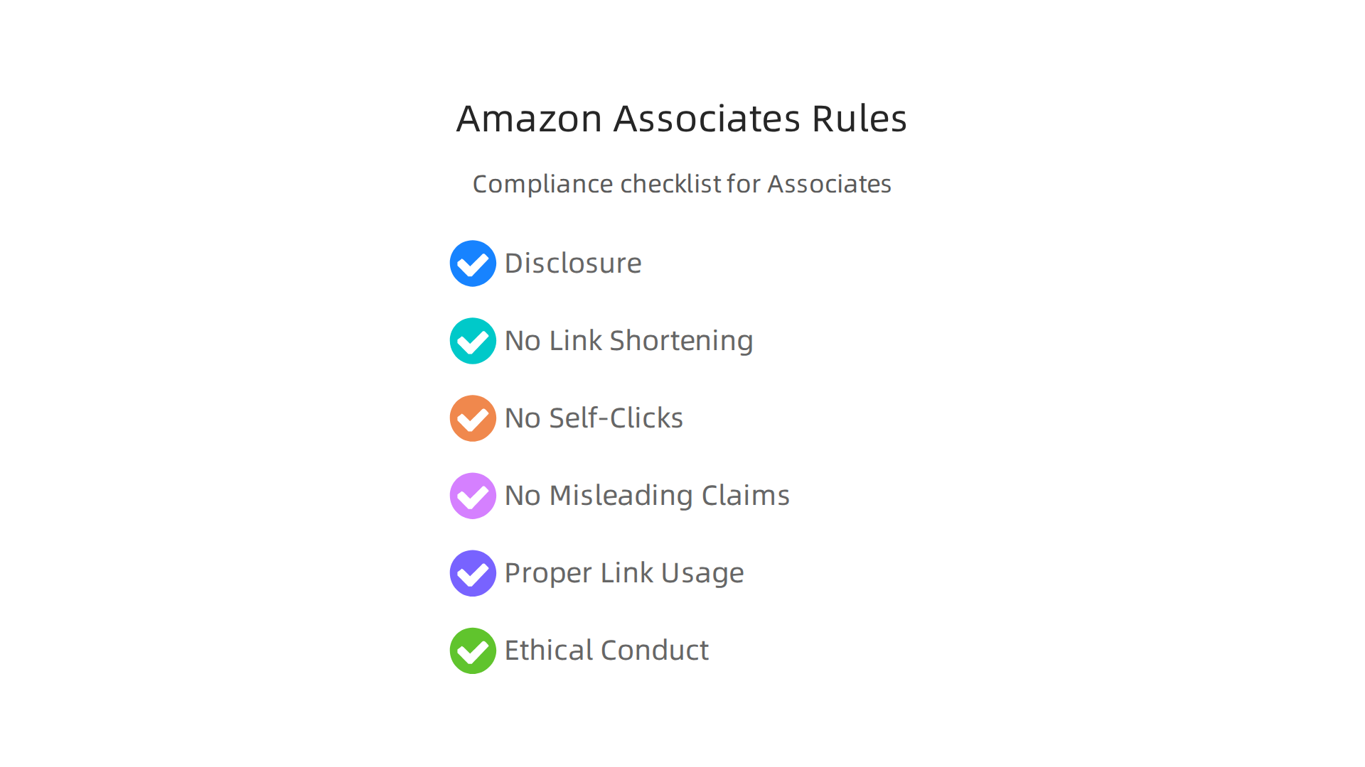 An essential checklist of compliance rules for Amazon Associates, emphasizing disclosure, link usage, and ethical conduct to maintain account status.