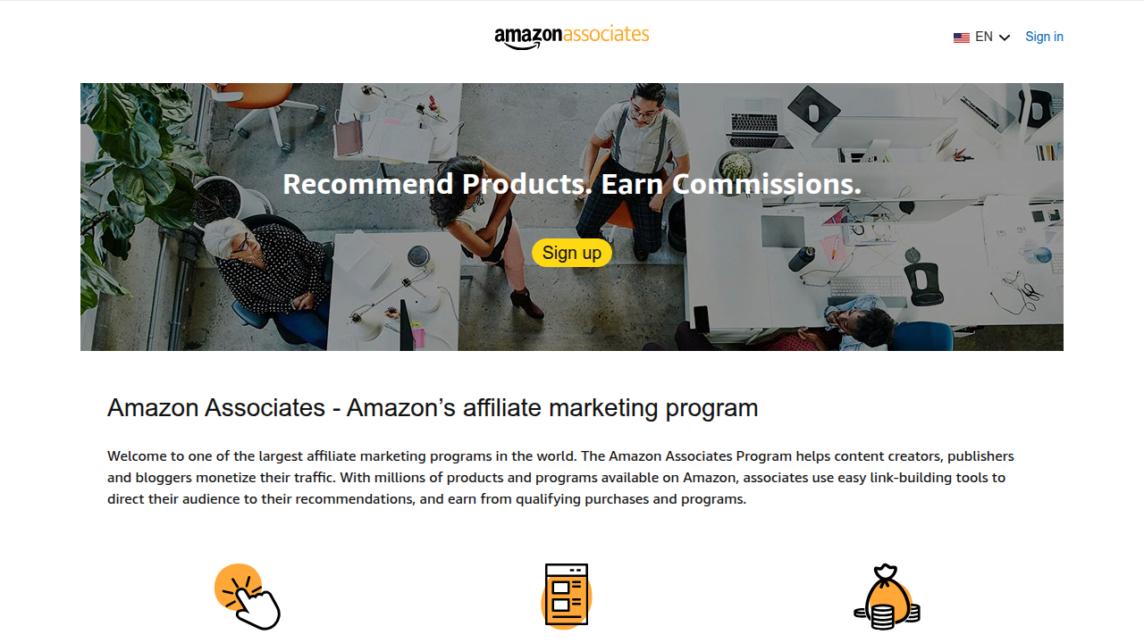 The official Amazon Associates program website, serving as the gateway for affiliates to manage accounts, generate links, and track earnings.