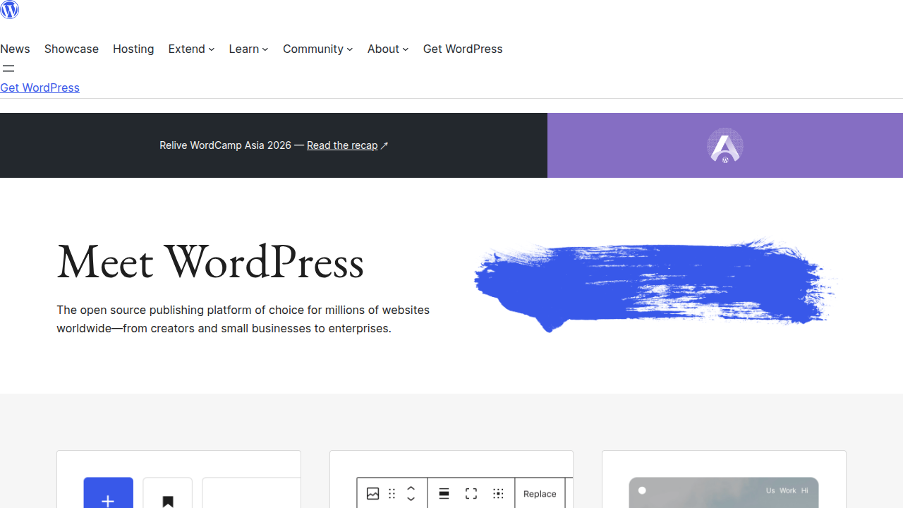 The homepage of WordPress.org, showcasing the leading platform recommended for building flexible and scalable affiliate websites.