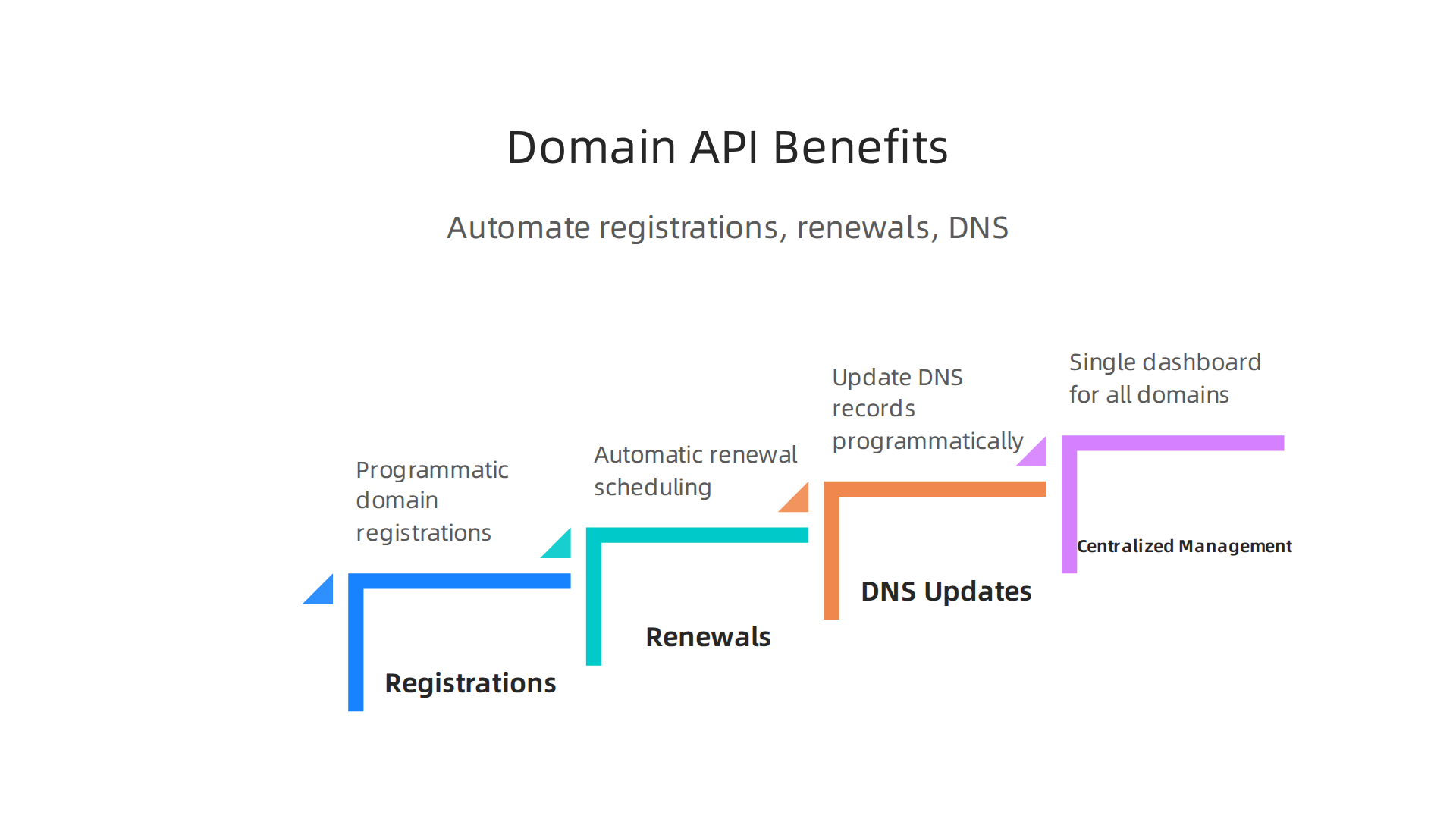 An infographic illustrating how a Domain Name API streamlines tasks like registrations, renewals, and DNS record updates, centralizing management for efficiency.