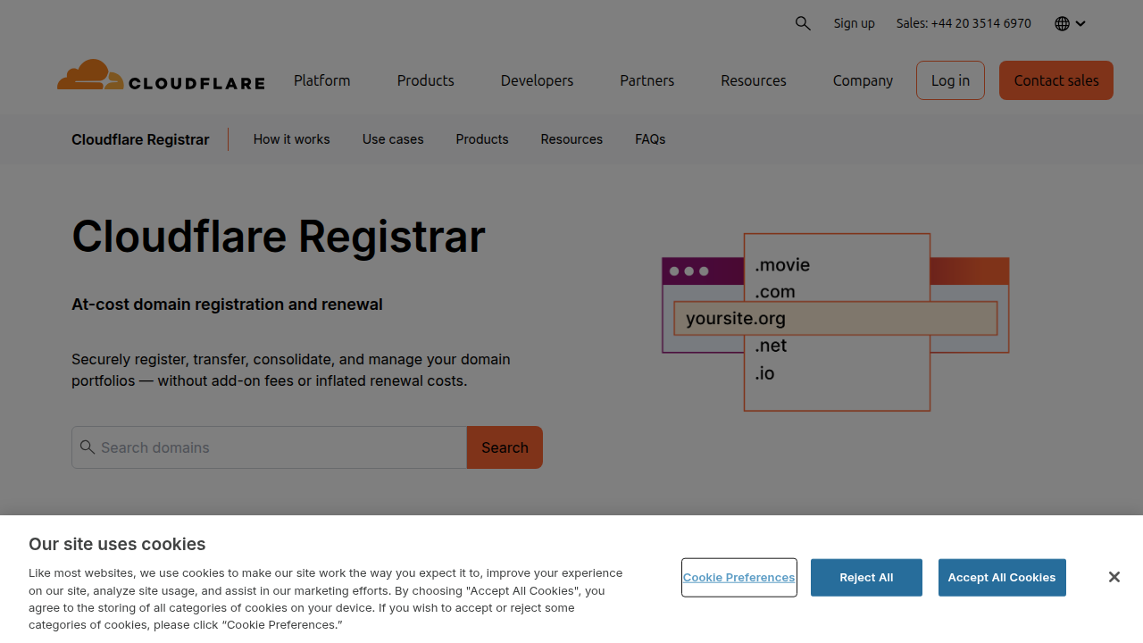 A view of Cloudflare's Registrar product page, highlighting its focus on cost-plus pricing and transparency for domain registrations and transfers.