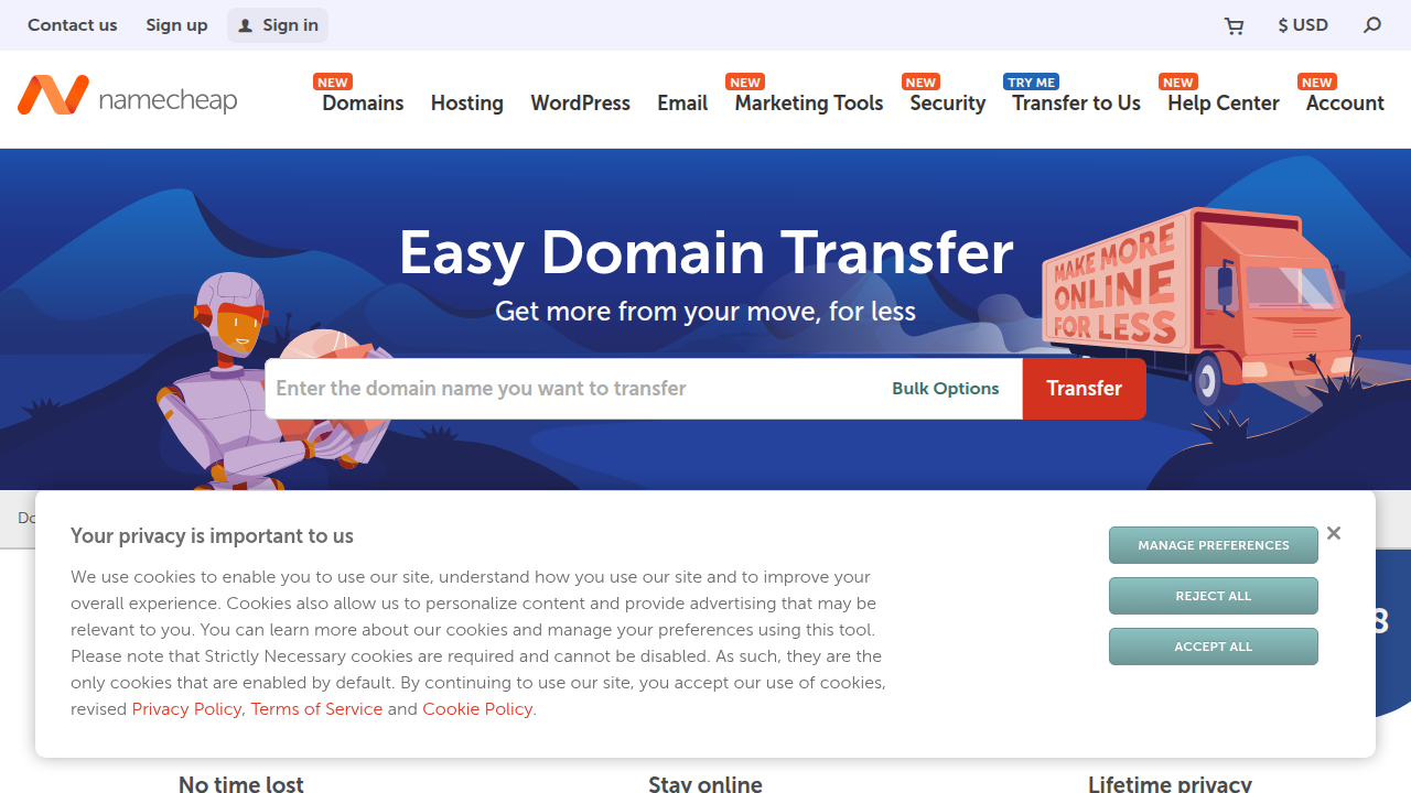 The domain transfer section of Namecheap's website, illustrating options for moving existing domains to their platform, often with promotional offers.