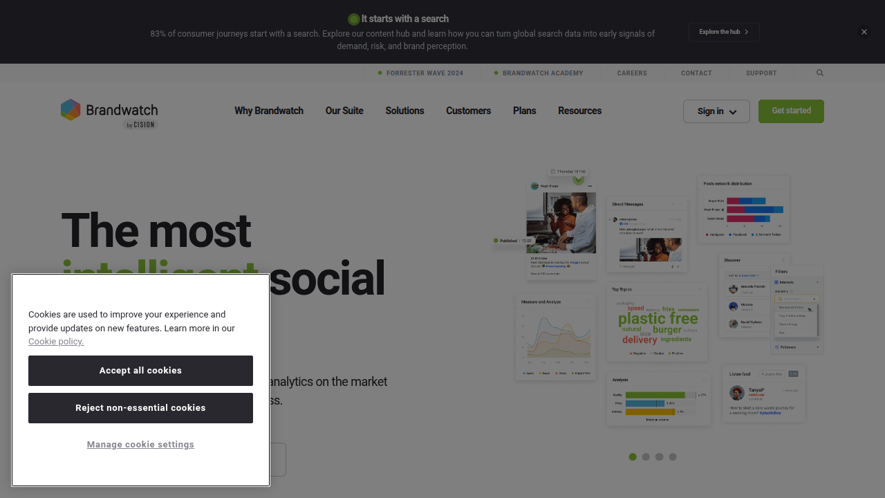 A screenshot of the Brandwatch homepage, representing a social listening tool used to monitor real-time trends for viral content creation.