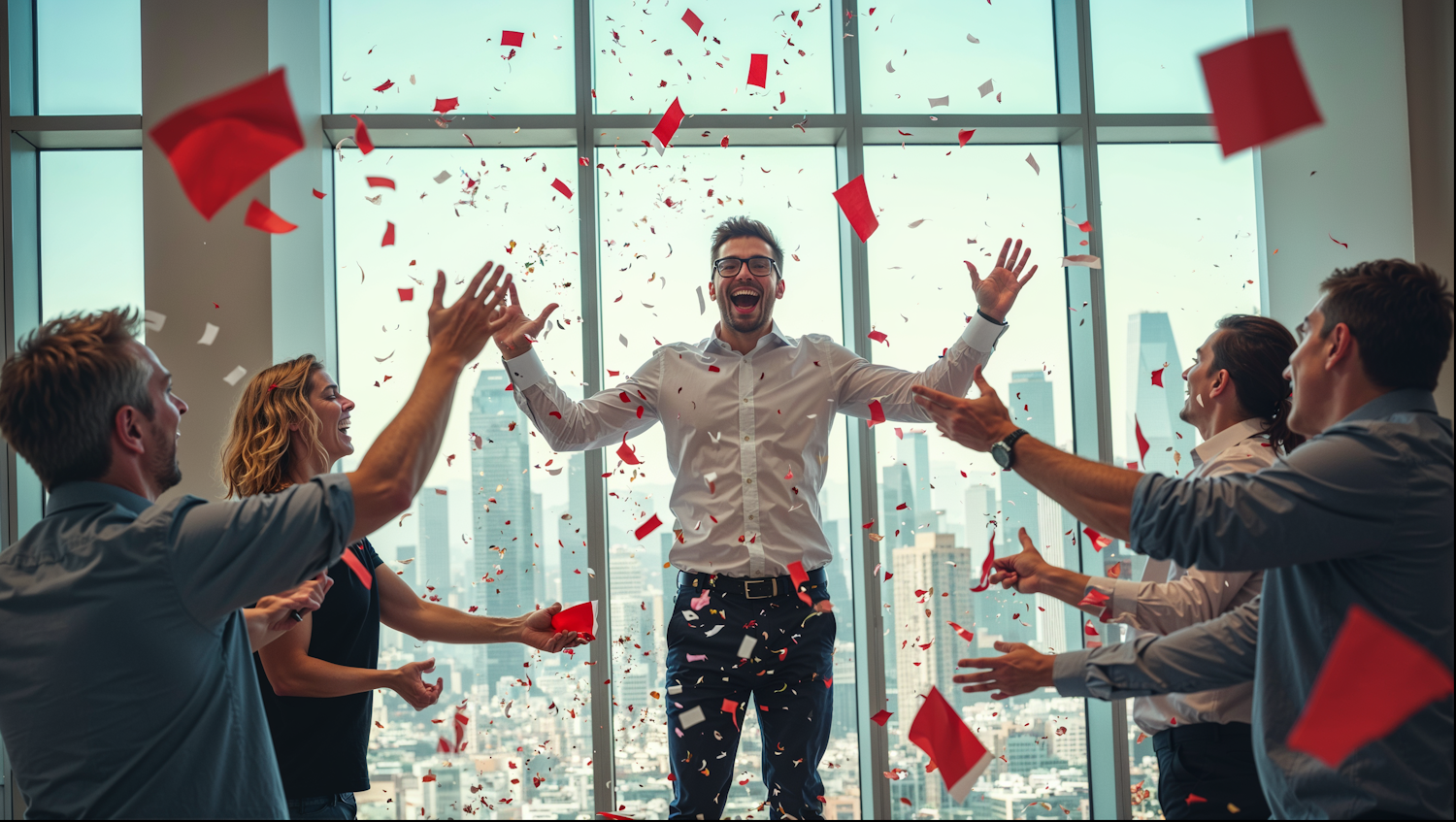 A person happily looking at a screen displaying positive financial results, representing the potential for significant earnings in affiliate marketing.