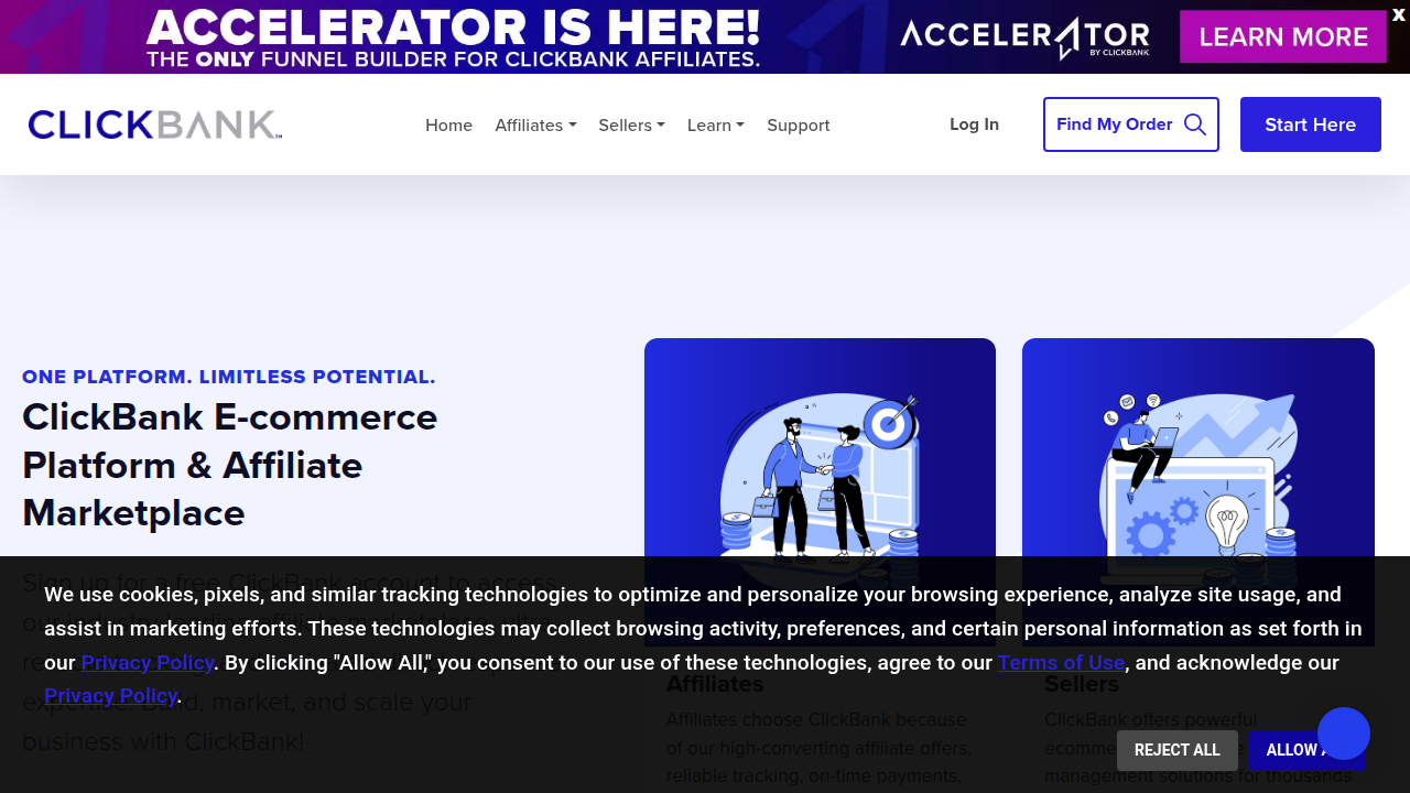 The ClickBank platform homepage, known for its extensive marketplace of digital products like courses and software, offering high commission rates.