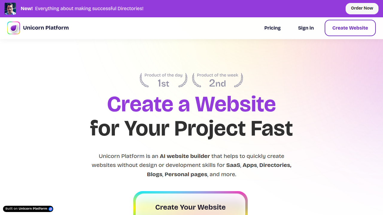 The homepage of Unicorn Platform, a website builder, referenced for its insights on page design principles and conversion optimization.