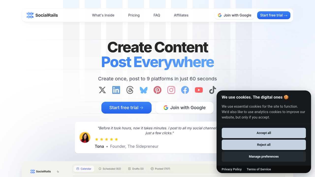 A screenshot of the SocialRails homepage, a resource for digital marketing, illustrating where users can find comprehensive guides on topics like creating a Facebook Business Page.