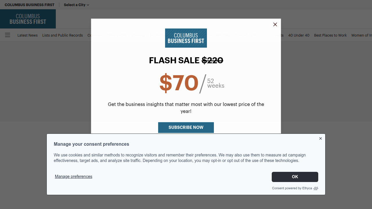 A screenshot of the Columbus Business First homepage, a key local publication for building trust and authority.