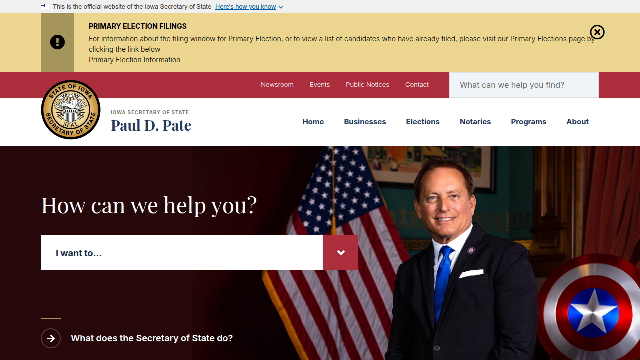 The official homepage of the Iowa Secretary of State, serving as the primary portal for business registrations and searches.