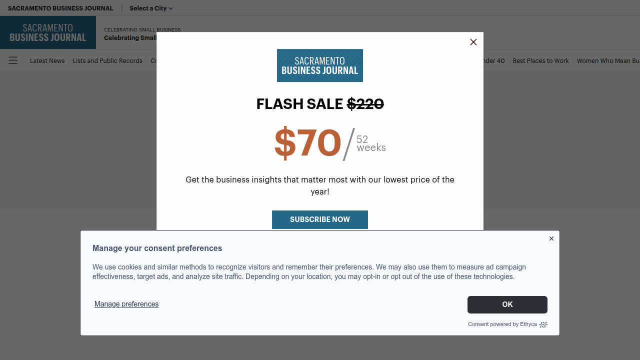 The homepage of the Sacramento Business Journal, a local outlet offering specific, actionable news about its market.