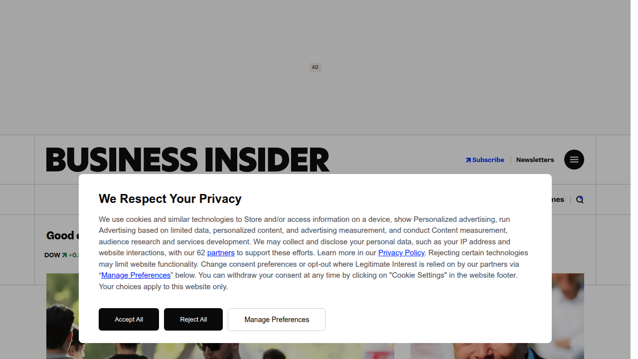 The homepage of Business Insider, an example of a digital-first platform offering breaking news and commentary for a busy audience.