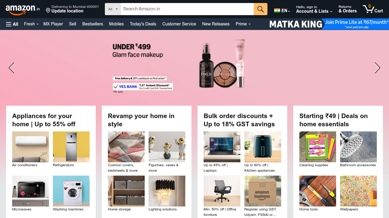 The Amazon India homepage, representing the primary platform for affiliate sales and product availability checks in the Indian market.