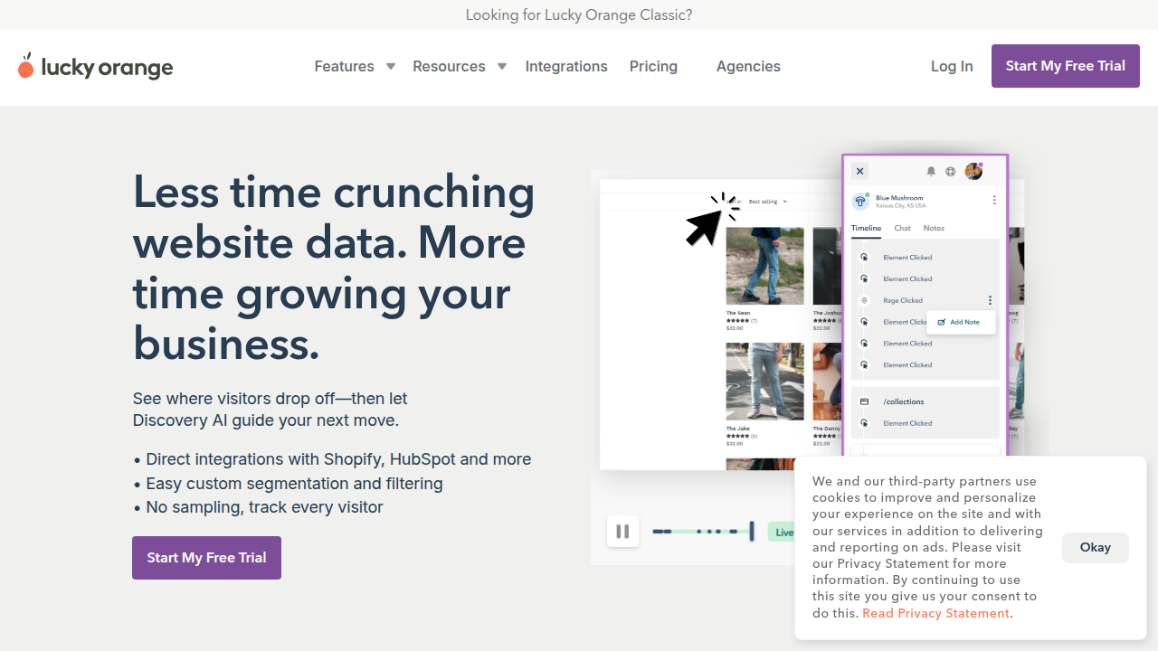 The homepage of LuckyOrange, a popular conversion rate optimization (CRO) tool, which helps businesses understand user behavior and improve website performance.