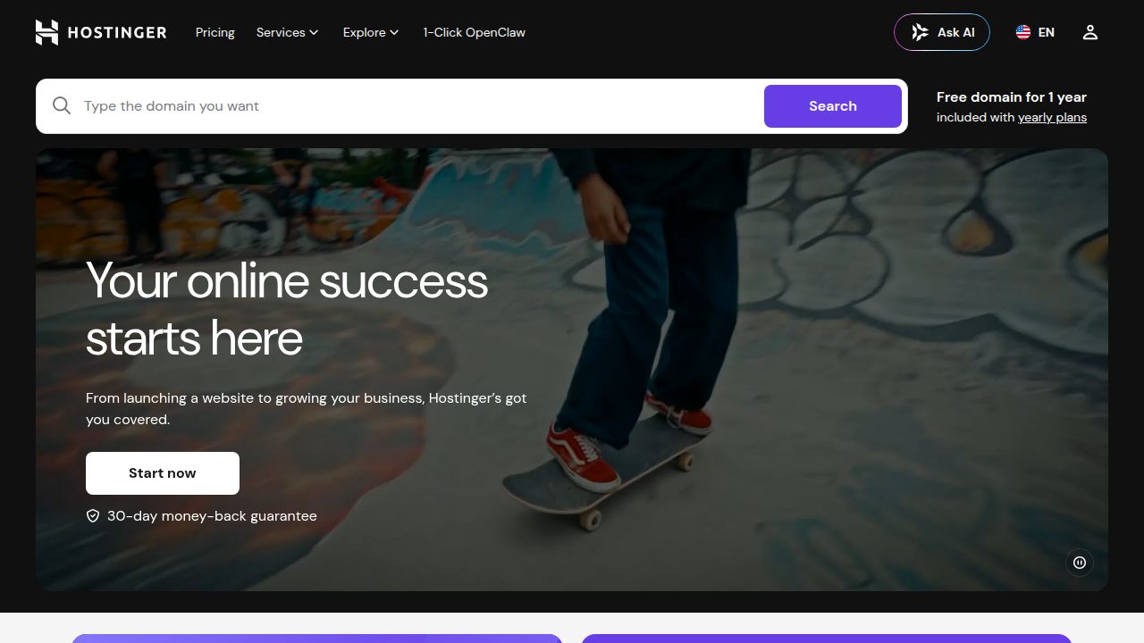 The Hostinger homepage, a web hosting provider also known for industry analyses and tutorials.