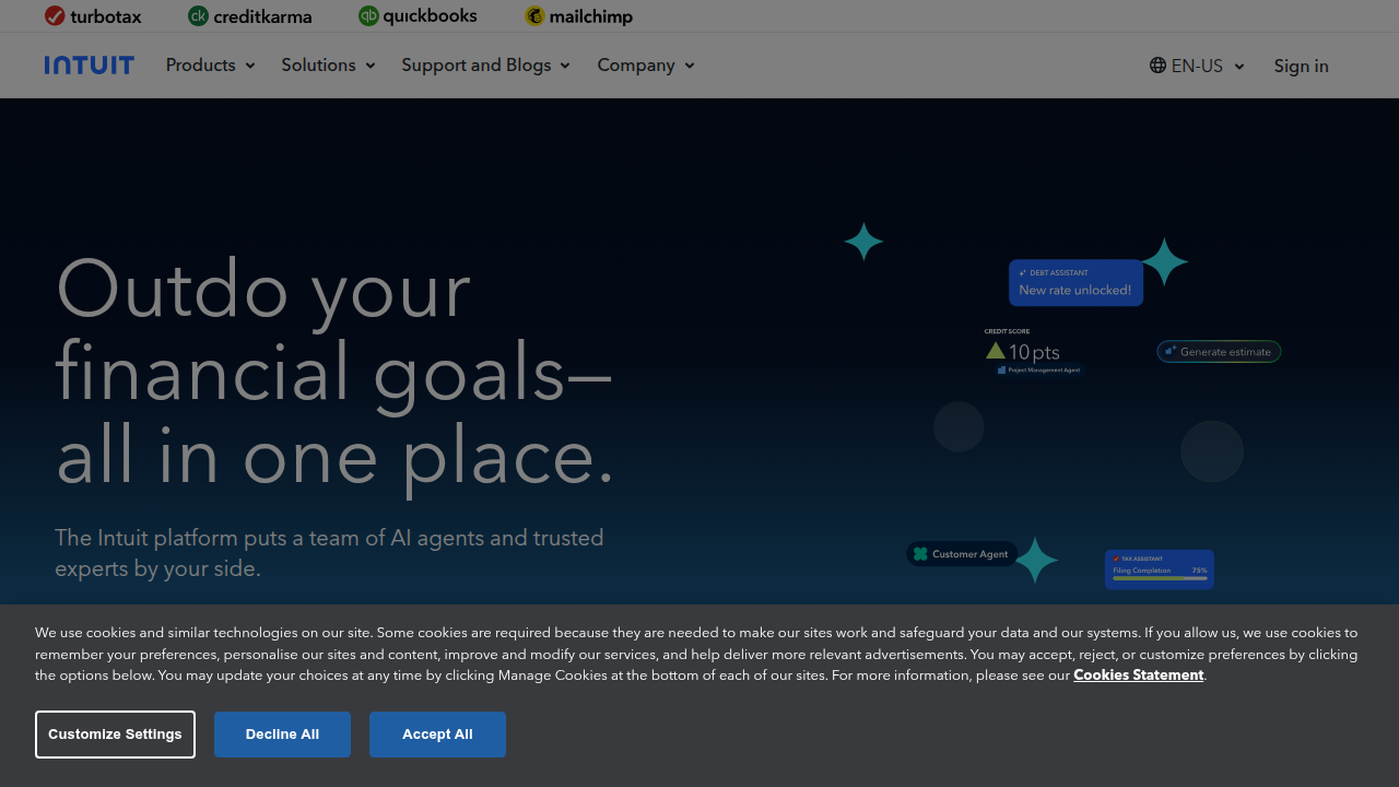 The Intuit homepage, highlighting financial software solutions like QuickBooks for small businesses.
