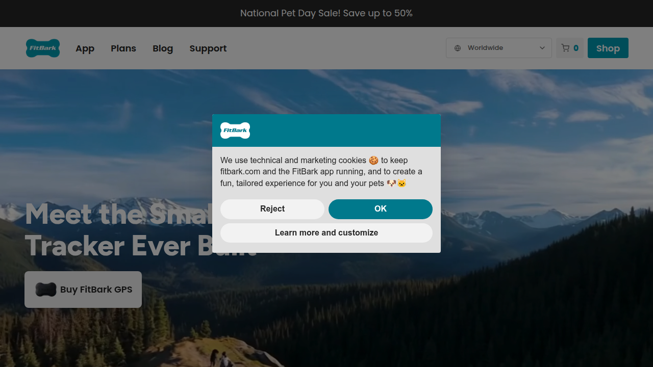 The homepage of Fitbark, a legitimate pet activity tracker with an affiliate program, as mentioned in a case study.