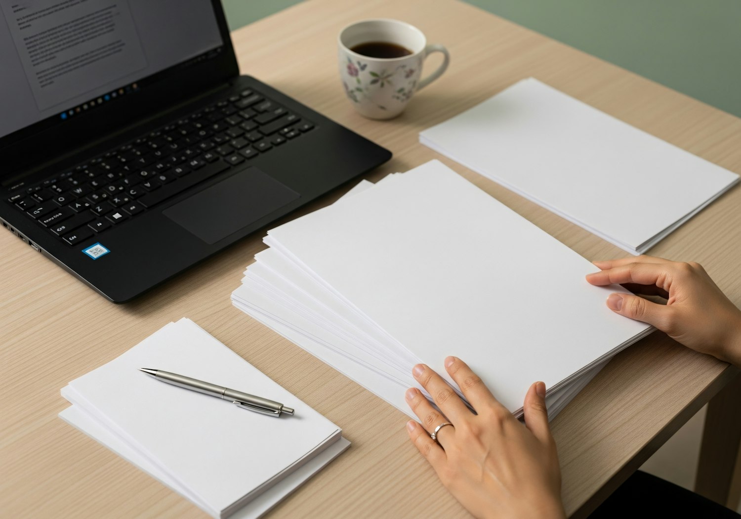 An affiliate entrepreneur meticulously organizing digital assets and information on a laptop, symbolizing the preparation phase before creating a Facebook Business Page.