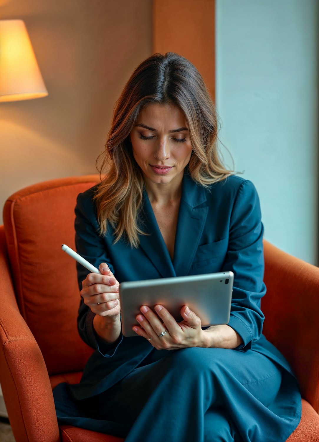 A woman intently reviewing privacy settings on a tablet, symbolizing the importance of optimizing page visibility and trust settings for a Facebook Business Page.