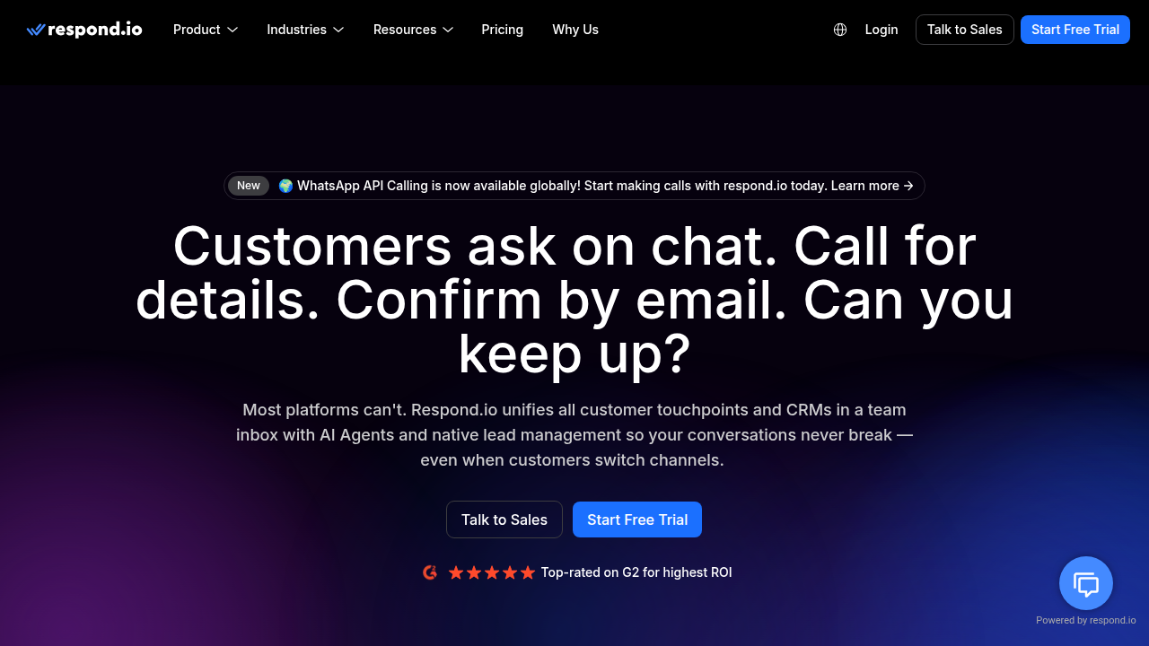 A screenshot of the Respond.io homepage, showcasing a platform that provides chatbot solutions for businesses to automate customer interactions and scale affiliate efforts.