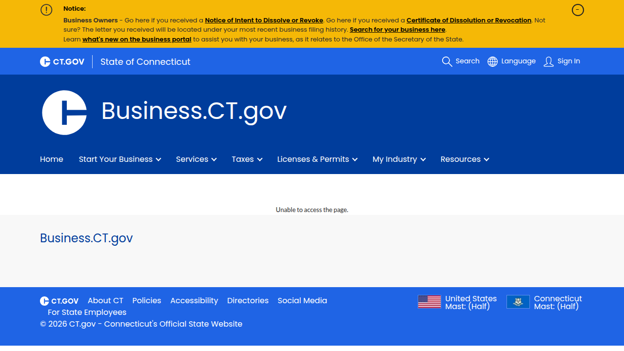 Screenshot of the Connecticut Online Business Search portal showing the search bar and filters used to query entity names, officers, or filing numbers.