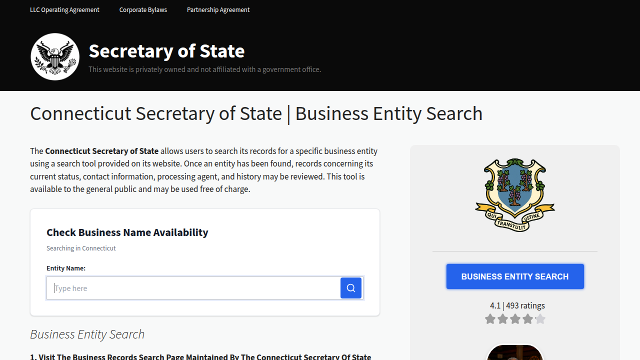Screenshot of the Connecticut Secretary of State overview describing the official business registry and its purpose as the state's record book for companies.