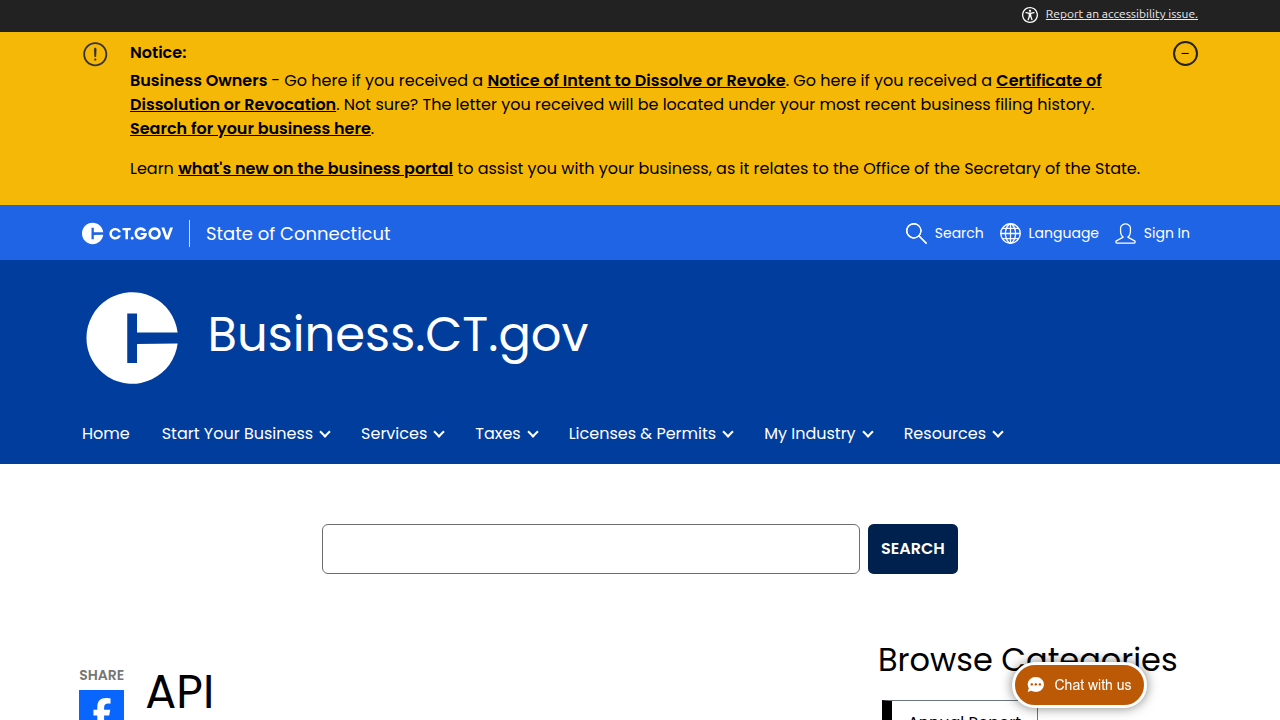 Screenshot of the Connecticut business registry API documentation page showing available endpoints and basic usage for programmatic access.