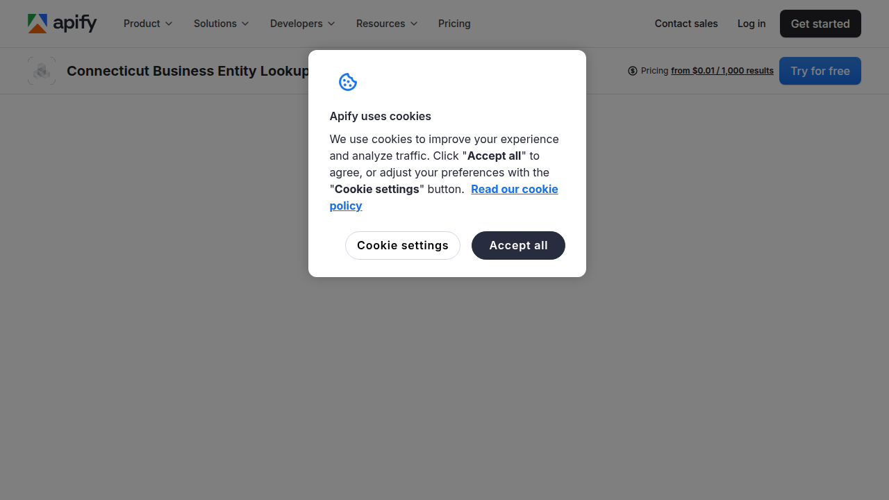 Screenshot of the Apify actor page for the CT business entity lookup, a ready-made scrape/API solution mentioned as an alternative to building custom code.