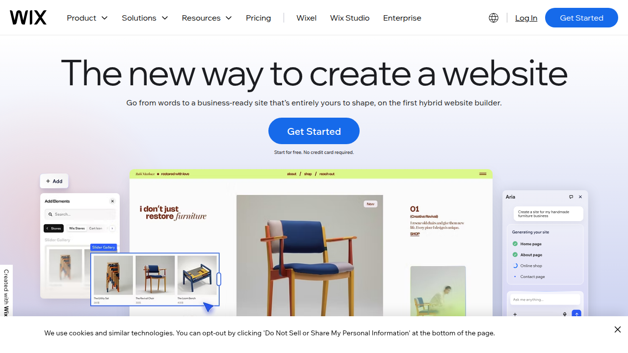 A screenshot of the Wix website builder homepage, showcasing its features for creating online portfolios and business sites. This provides an alternative for designers to showcase their work independently.