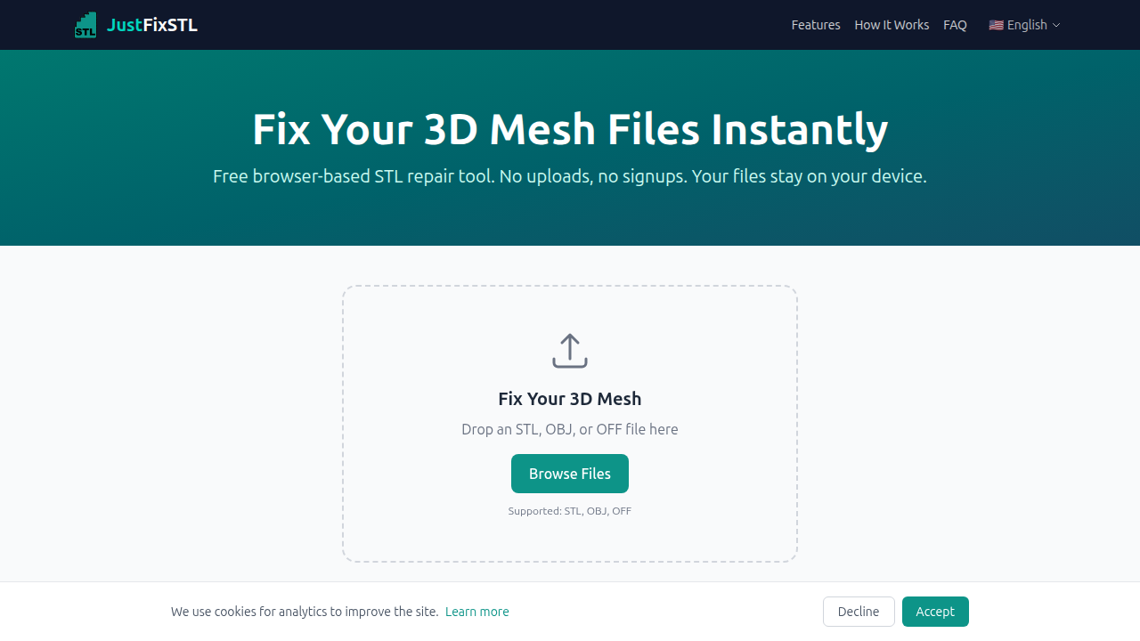 A screenshot of the JustFixSTL website homepage, a free online tool for repairing common 3D model file defects like non-manifold edges. This helps users resolve issues with corrupted STL files from Thingiverse.