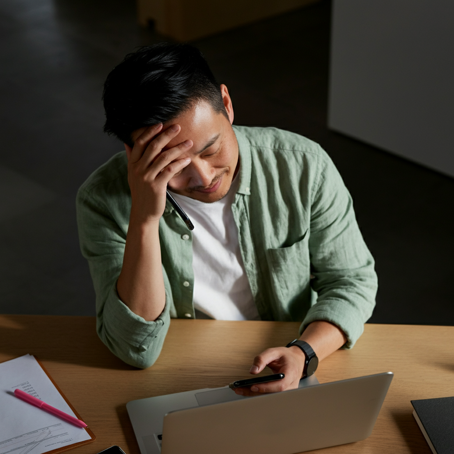 A person looking stressed amidst a chaotic digital workspace, symbolizing the challenges of managing scattered online assets across multiple platforms.