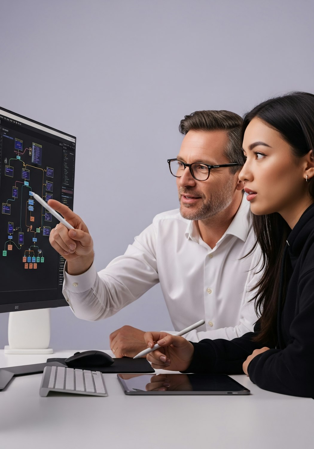 Professionals managing multiple screens, symbolizing the efficiency and cost savings achieved by an entrepreneur running an automated affiliate network with Cloudflare.