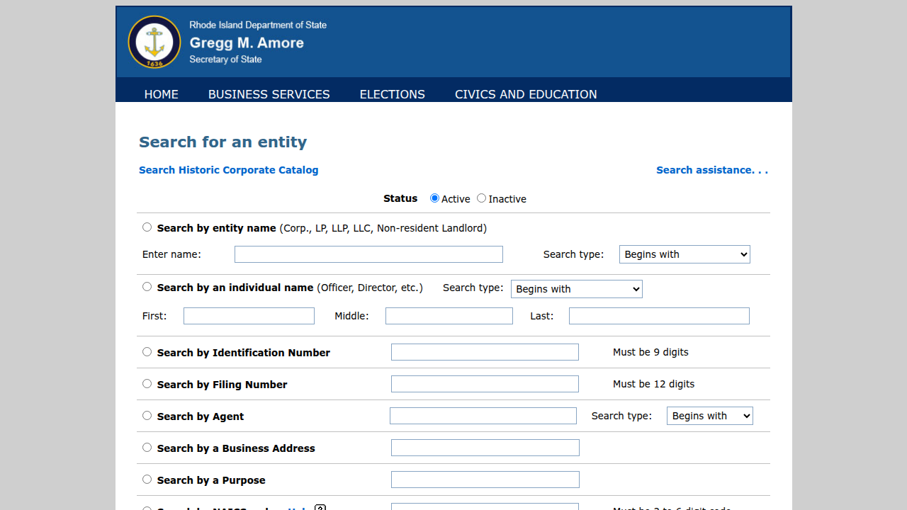 A screenshot of the Rhode Island Business Portal, the official state database for verifying business registration status and details.