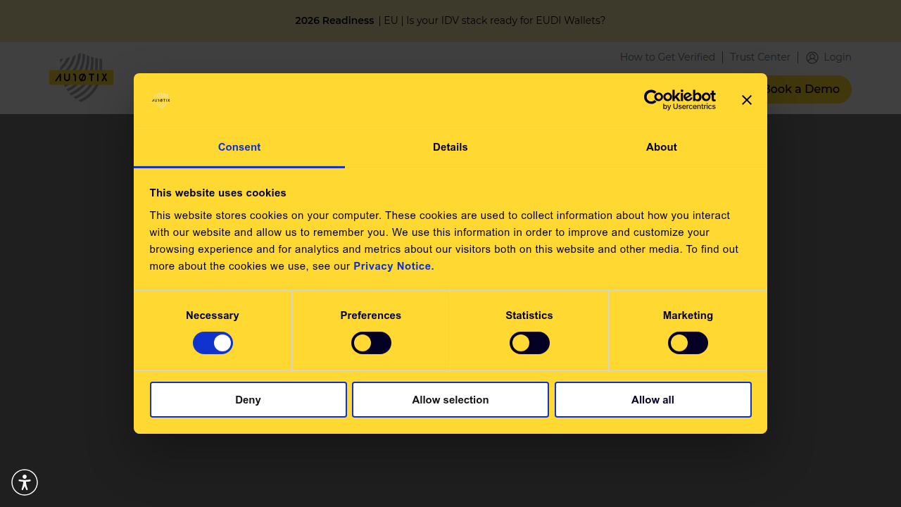 A screenshot of the AU10TIX homepage, a platform offering identity verification solutions that can be relevant for checking business legitimacy.