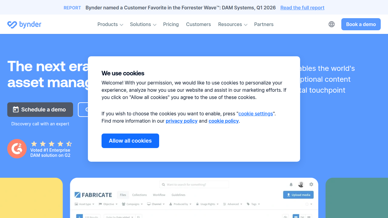 The Bynder homepage, a resource for digital asset management, showcasing relevance to content optimization.