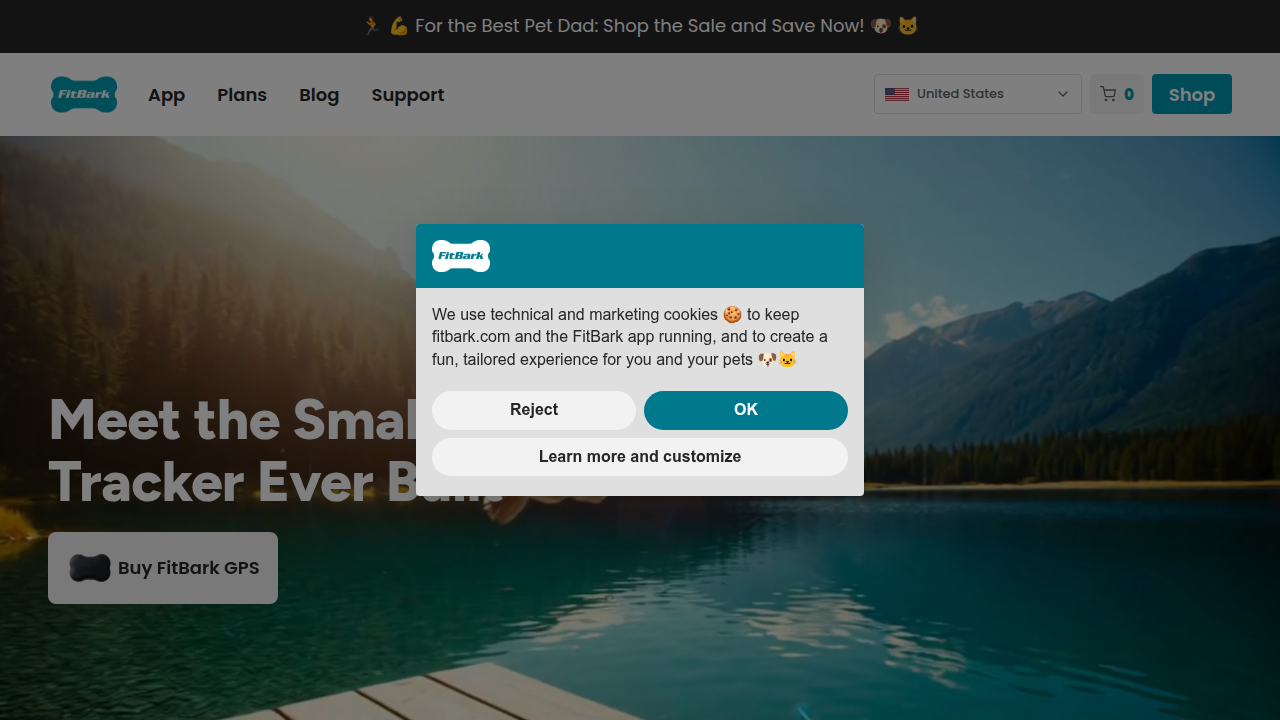 The FitBark homepage, an example of a potential affiliate product site offering pet activity trackers.