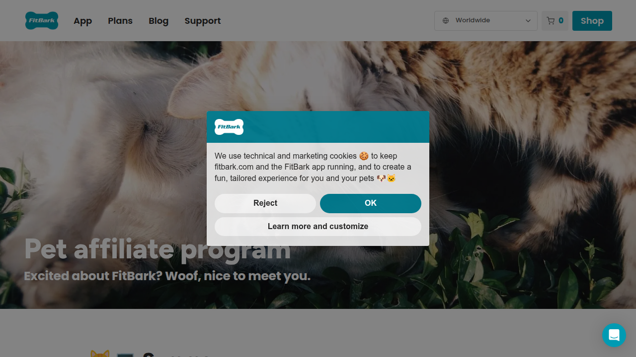 The FitBark website's affiliate program page, inviting partners to promote smart pet products.