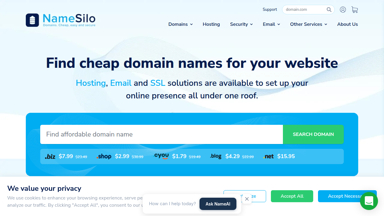 NameSilo is known for competitive domain pricing and often includes features like free WHOIS privacy.